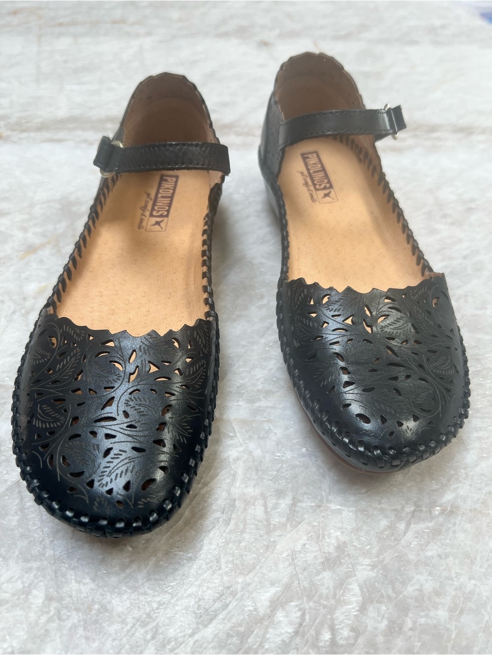 PIKOLINOS Black Perforated Leather Ankle-Strap Flats